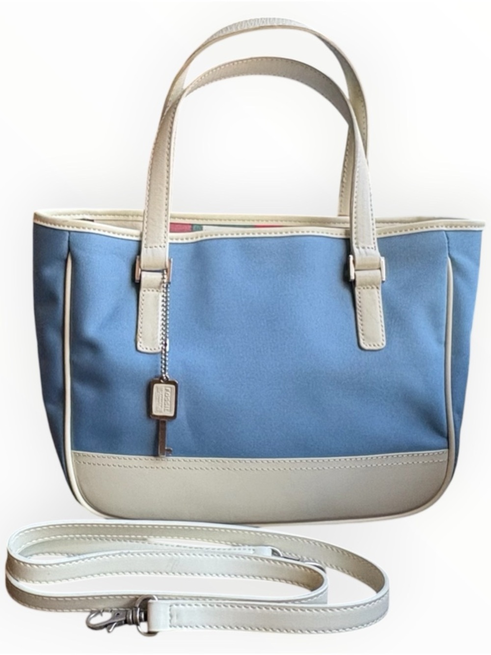 Vintage Fossil Canvas Satchel Blue & White Top Handle Handbag